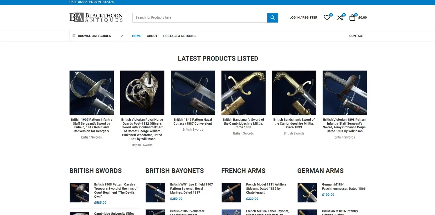 Blackthorn Antiques homepage designed by GingerWeb
