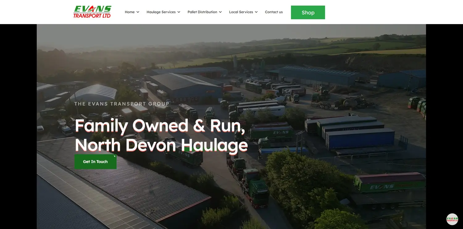 Evans Transport homepage designed by GingerWeb