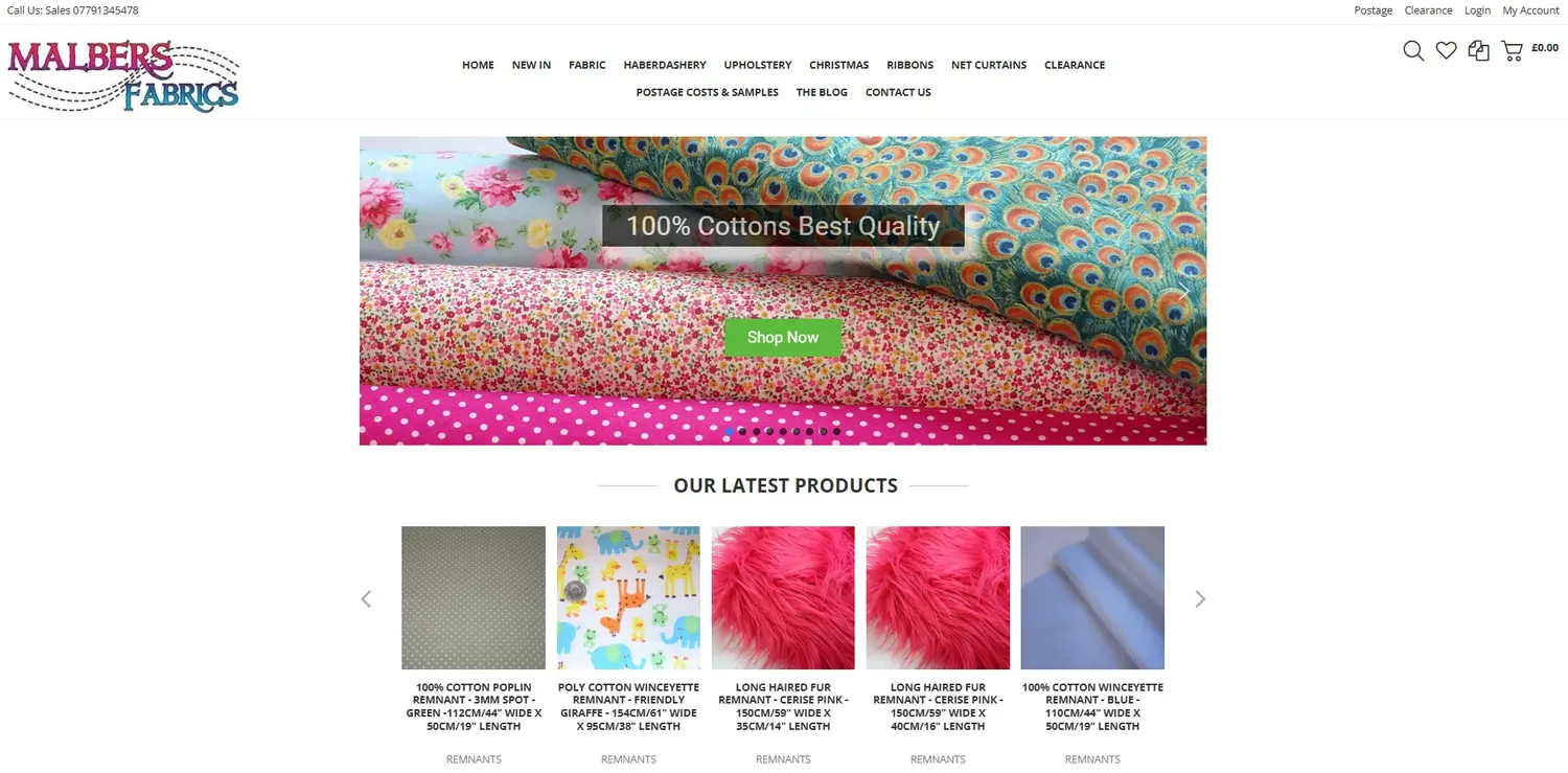 Malbers Fabrics homepage designed by GingerWeb